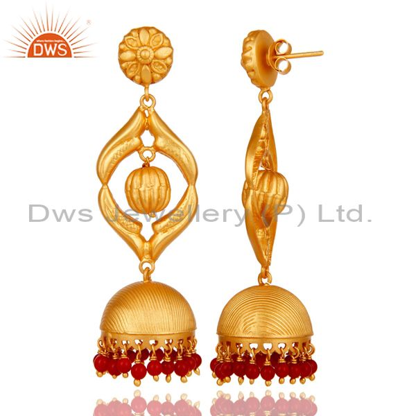 Exporter Cultured Coral Traditional Jhumka Earring 18K Gold Plated Sterling Silver Jhumki