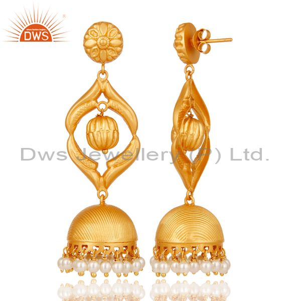 Exporter Cultured Pearl Traditional Jhumka Earring 18K Gold Plated Sterling Silver Jhumki