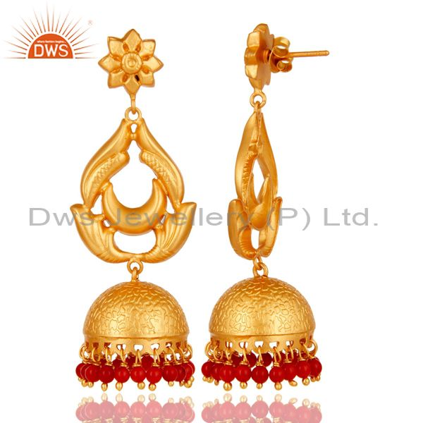 Exporter 18K Gold Plated Sterling Silver and Coral Traditional Design Jhumka Earrings