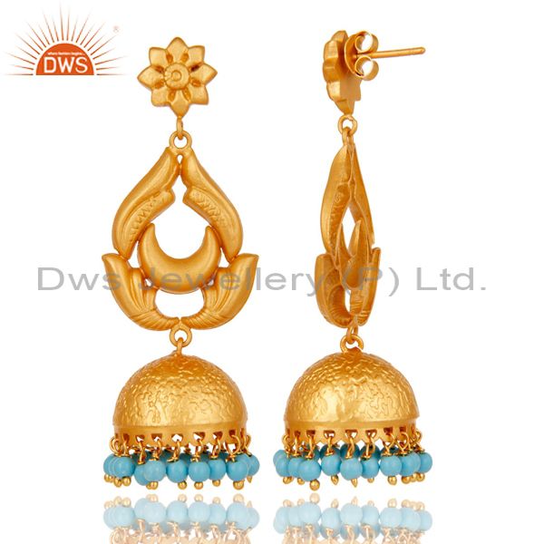 Exporter 18K Gold Plated 925 Sterling Silver Traditional Turquoise Jhumka Earrings
