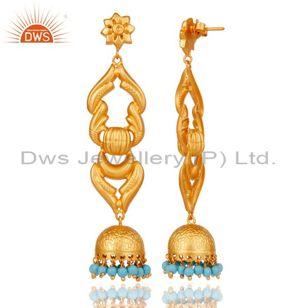 Exporter 18K Gold Plated Traditional Jhumka Earrings With Sterling Silver and Turquoise