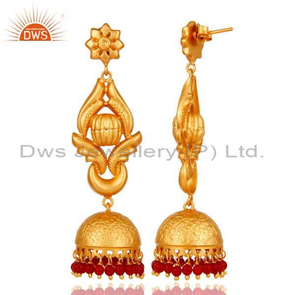 Exporter 18K Gold Plated Traditional Jhumka Earrings With 925 Sterling Silver and Coral