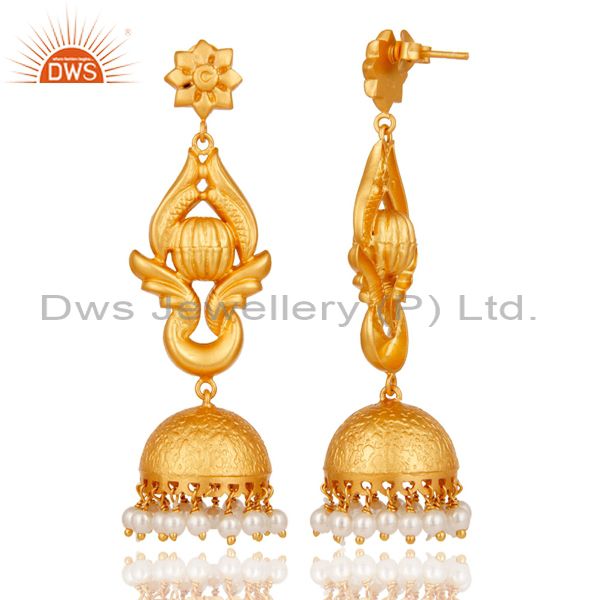 Exporter 18K Gold Plated Traditional Jhumka Earrings With 925 Sterling Silver and Pearl