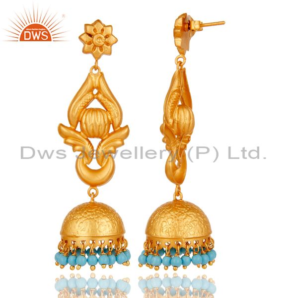 Exporter 22K Gold Plated 925 Silver Traditional Handmade Turquoise Jhumka Earrings
