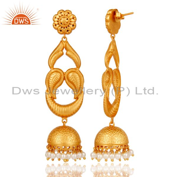 Exporter 18k Gold Plated Designer Jhumka Earrings With 925 Sterling Silver & Pearl