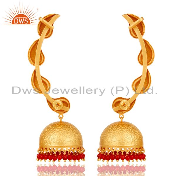 Exporter Traditional Jhumka Earrings 18k Gold Plated With Sterling Silver And Coral