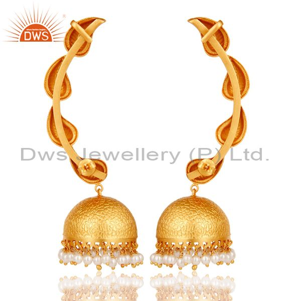 Exporter Traditional Jhumka Earrings 18k Gold Plated With Sterling Silver & Pearl