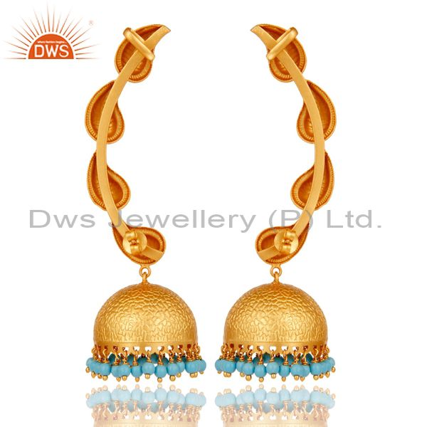 Exporter Traditional Jhumka Earrings 18k Gold Plated With Sterling Silver And Turquoise