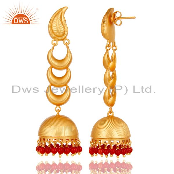 Exporter 18k Gold Plated Traditional Jhumka Earrings With Sterling Silver And Coral