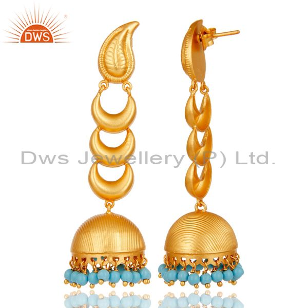 Exporter 18k Gold Plated Traditional Jhumka Earrings With Sterling Silver & Turquoise