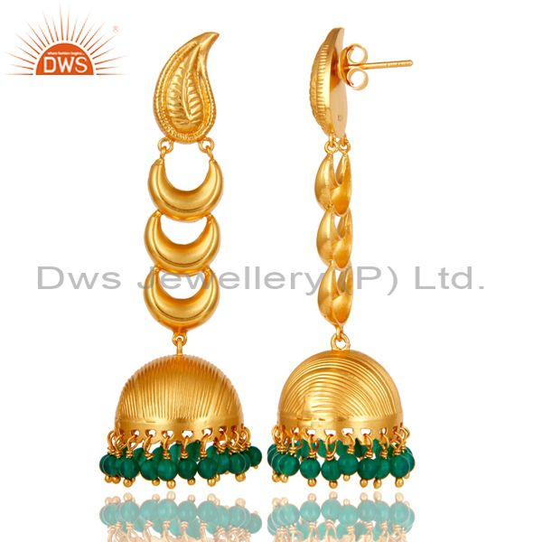 Exporter 18k Gold Plated Traditional Jhumka Earrings With Sterling Silver & Green Onyx