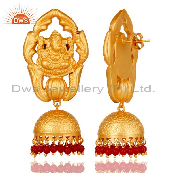 Exporter Traditional Jhumka Earrings 18k Gold Plated Sterling Silver Coral Ganesha Design