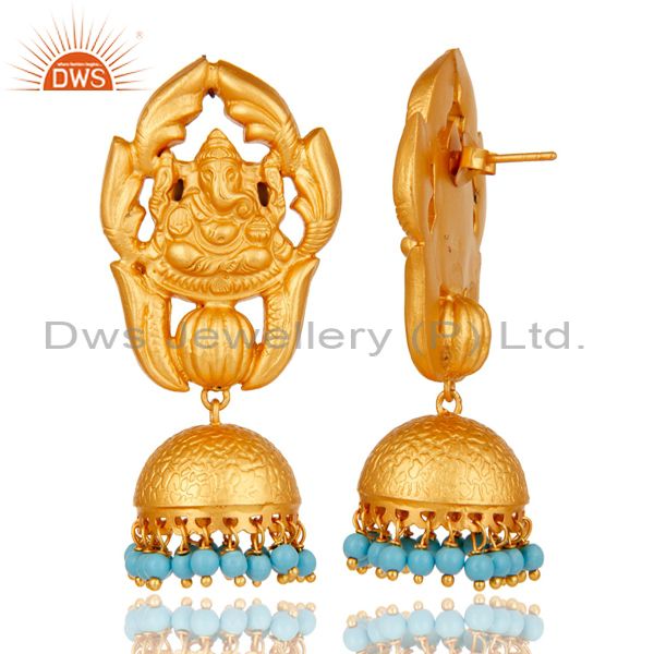 Exporter Turquoise Traditional Jhumka Earrings 18k Gold Plated Sterling Silver Ganesha