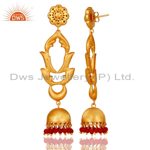 Exporter Coral Traditional Jhumka Earrings 18k Gold Plated Sterling Silver Ganesha