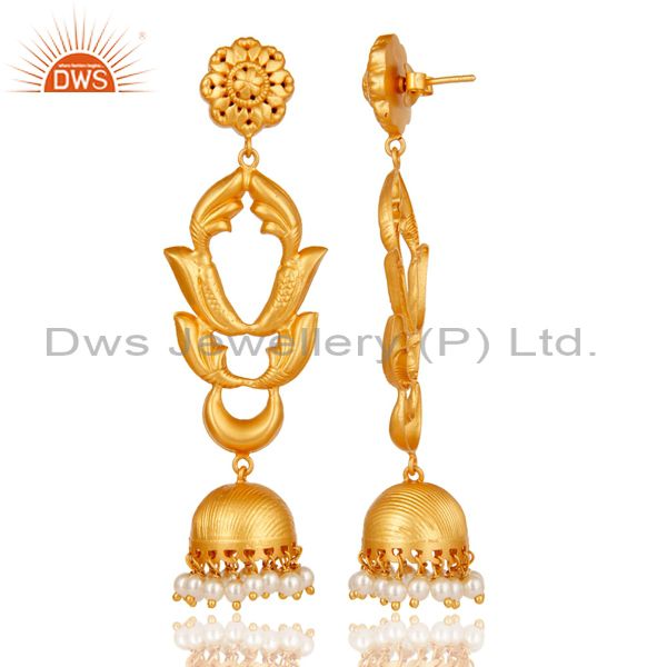 Exporter Pearl Traditional Jhumka Earrings 18k Gold Plated Sterling Silver Ganesha