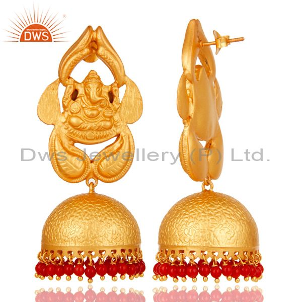 Exporter Coral Traditional Jhumka Earrings 18k Gold Plated Sterling Silver Ganesh design