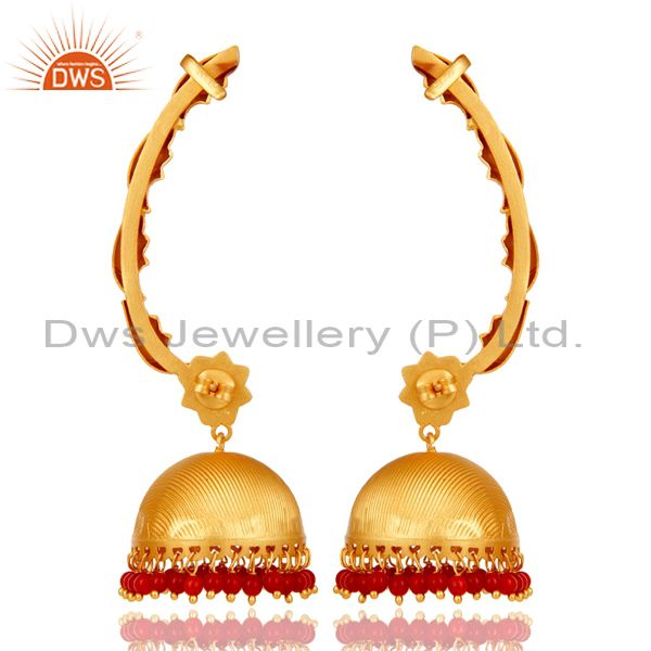 Exporter Traditional Jhumka Ear Cuff with 18K Gold Plated Sterling Silver and Coral