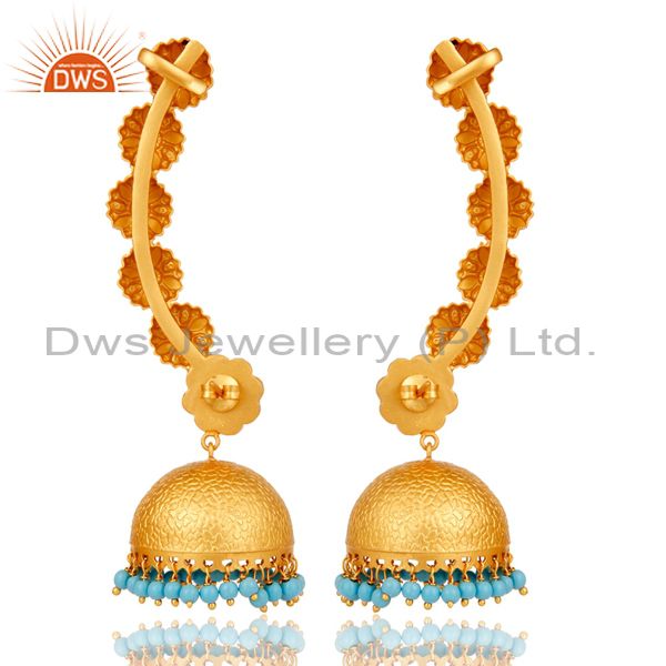 Exporter Ear Cuff Traditional Jhumka with 18K Gold Plated Sterling Silver and Turquoise