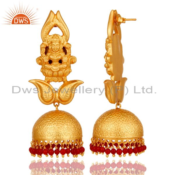 Exporter 18k Gold Plated Traditional Jhumka Earrings with 925 Sterling Silverl and Coral