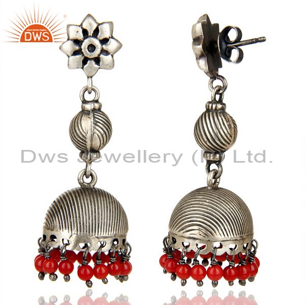 Exporter Black Oxidized 925 Sterling Silver Handmade Red Coral Jhumka Earrings Jewelry