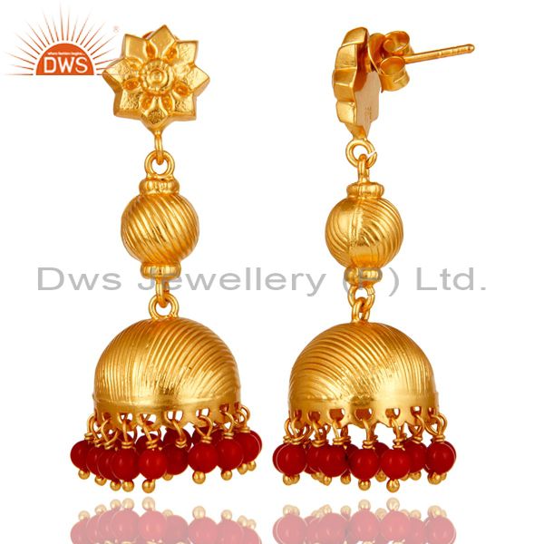 Exporter 24K Gold Plated 925 Sterling Silver Handmade Red Coral Jhumka Earrings Jewelry