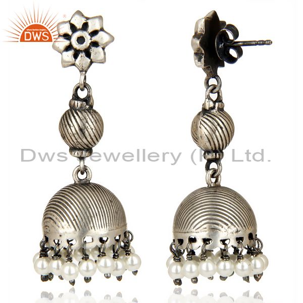 Exporter Black Oxidized 925 Sterling Silver Handmade Pearl Jumka Earrings Gift Jewelry