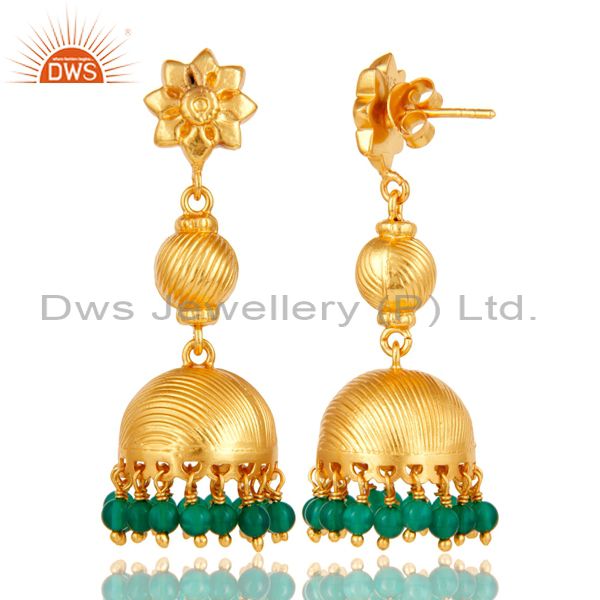 Exporter Flower Carving Jhumka Earrings with 18k Gold Plated Sterling Silver & Green Onyx