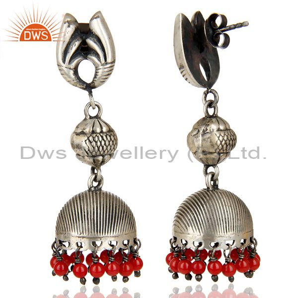 Exporter Black Oxidized 925 Sterling Silver Red Coral Jhumka Earrings Wedding Jewelry