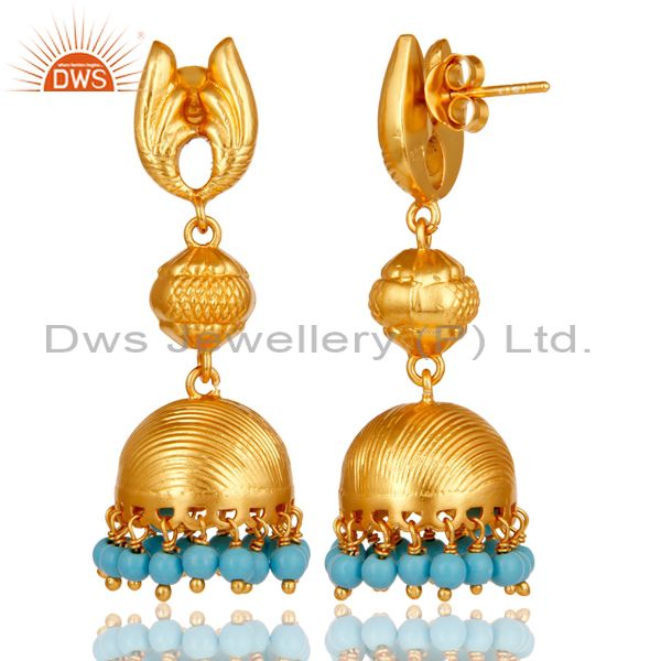 Exporter 18k Gold Plated Sterling Silver Traditional Jhumka Earrings with Turquoise