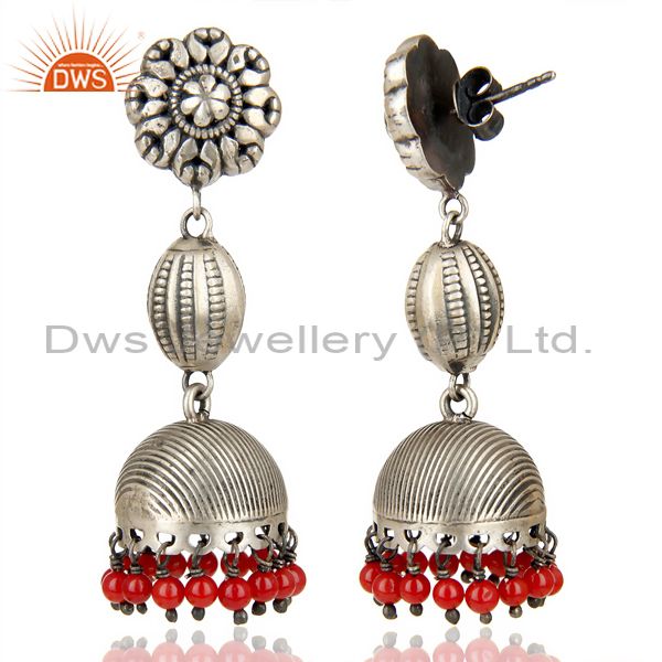 Exporter Oxidized 925 Sterling Silver Handmade Flower Design Red Coral Jhumka Earrings