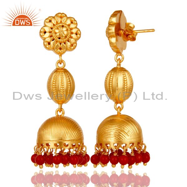 Exporter 18k Gold Plated 925 Sterling Silver Traditional Design Jhumka Red Coral Earrings