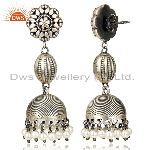 Exporter Oxidized 925 Sterling Silver Handmade Flower Design Pearl Beads Jhumka Earrings