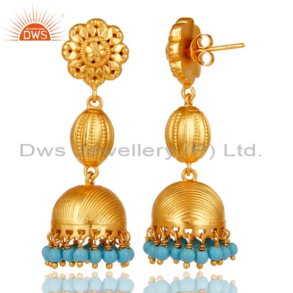 Exporter 18k Gold Plated 925 Sterling Silver Traditional Design Jhumka Turquoise Earrings