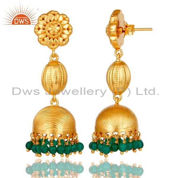 Exporter 18k Gold Plated Sterling Silver Traditional Jhumka Earrings with Green Onyx
