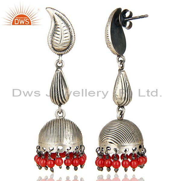Exporter Oxidized 925 Sterling Silver Handmade Red Coral Jhumka Earring Gift Jewelry