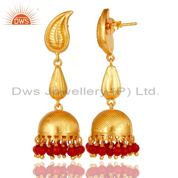 Exporter 18k Gold Plated Sterling Silver Traditional Jhumka Earrings with Red Coral