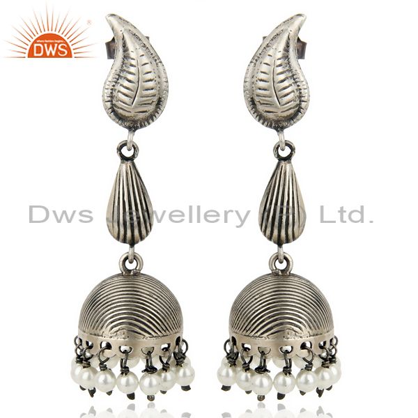 Exporter Black Oxidized 925 Sterling Silver Traditional Handmade Pearl Jhumka Earrings