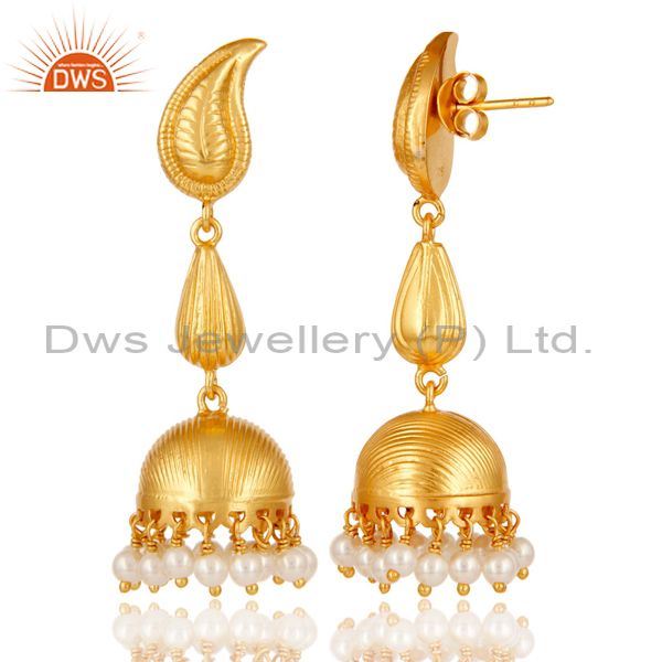 Exporter 18k Gold Plated Sterling Silver Traditional Jhumka Earrings with Pearl Bead