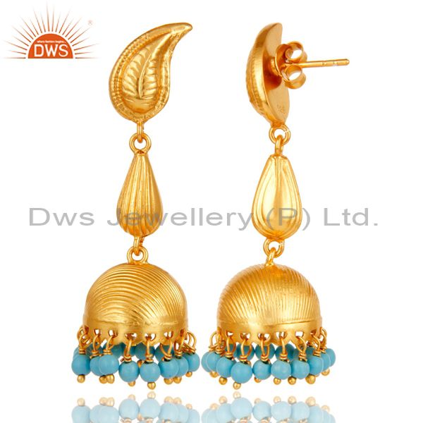 Exporter 18k Gold Plated 925 Sterling Silver Traditional Jhumka Earrings With Turquoise