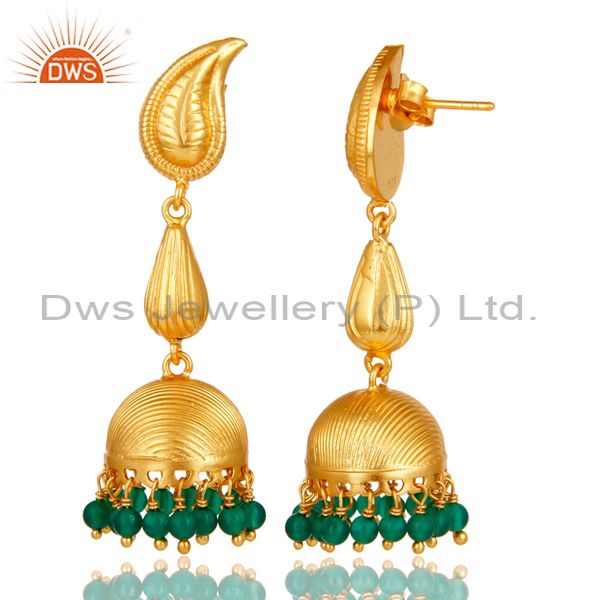 Exporter 18k Gold Plated 925 Sterling Silver Handmade Jhumka Earrings with Green Onyx