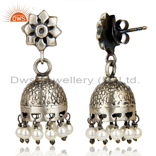 Exporter Black Oxidized 925 Sterling Silver Handmade Flower Design Pearl Jhumka Earrings