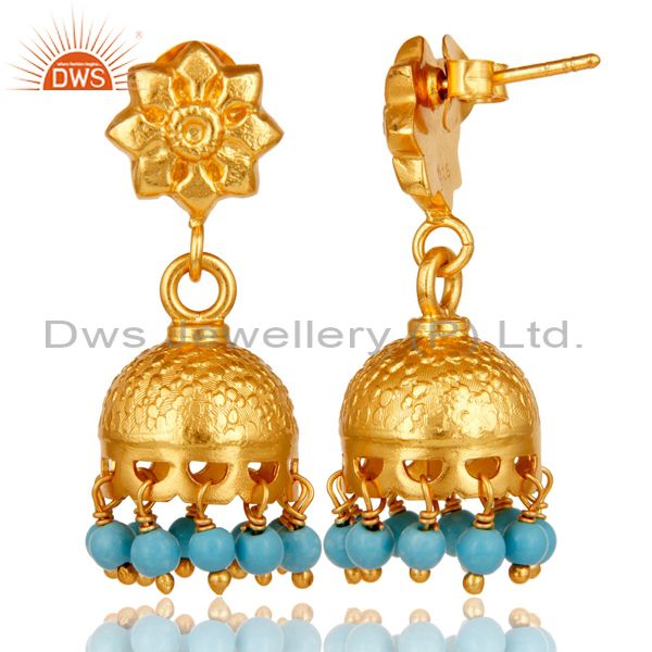 Exporter 18k Gold Plated Sterling Silver Flower Carving Jhumka Earrings with Turquoise