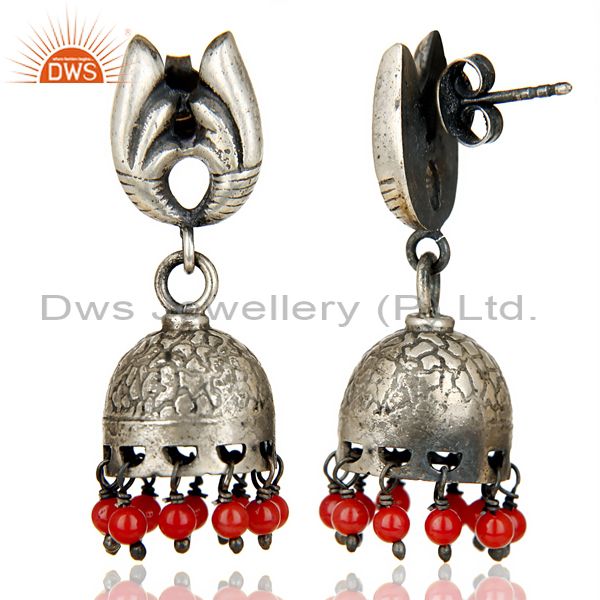 Exporter Black Oxidized 925 Sterling Silver Traditional Handmade Red Coral Jhumka Earring