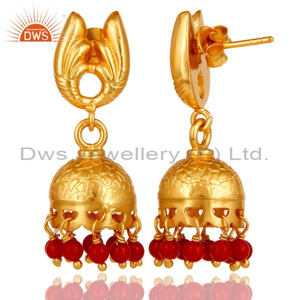 Exporter 18k Gold Plated Sterling Silver Handmade Jhumka Earrings with Red Coral