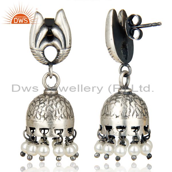 Exporter Oxidized 925 Sterling Silver Traditional Handmade Pearl Jhumka Earrings Jewelry
