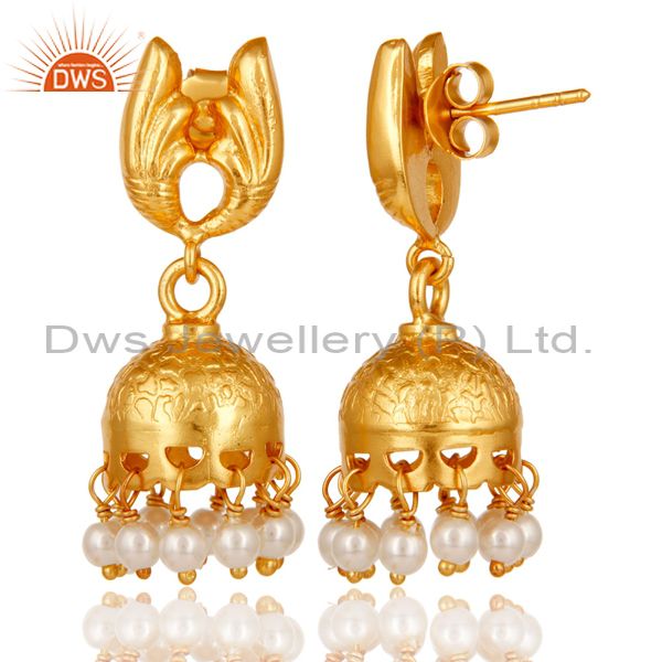 Exporter 18k Yellow Gold Plated Sterling Silver Handmade Jhumka Earrings with Pearl