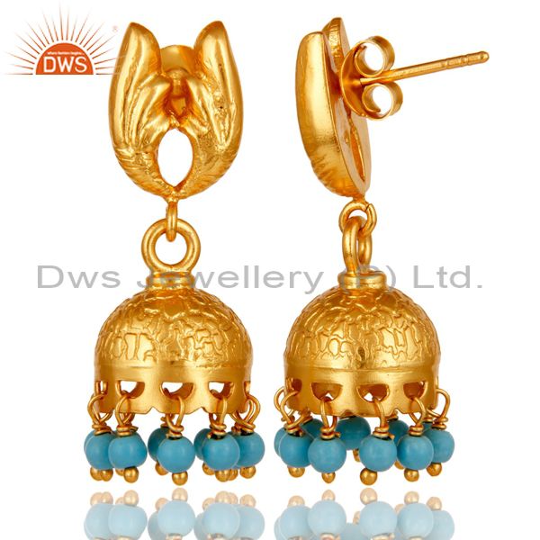 Exporter 18k Gold Plated 925 Sterling Silver Handmade Jhumka Earrings with Turquoise