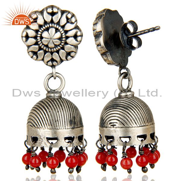 Exporter Oxidized 925 Sterling Silver Traditional Handmade Red Coral Jhumka Earrings