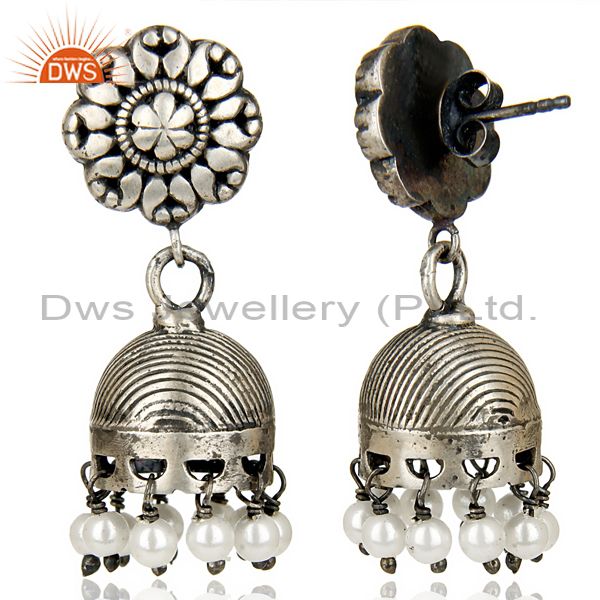 Exporter Black Oxidized 925 Sterling Silver Traditional Pearl Jhumka Earrings Jewelry