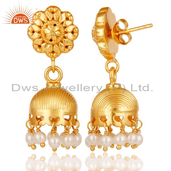 Exporter 18k Yellow Gold Plated 925 Sterling Silver Handmade Pearl Beads Jhumka Earrings